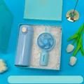 Elegant light blue souvenir gift set with a thermos and mini fan in a cyan box - Thermos Bottle + Fan Set (LH-21) / Blue