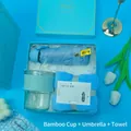 Sky blue gift set including folding umbrella, glass cup with sleeve, and soft towel - Ribbed Glass Cup + Umbrella + Towel Set (LH-06) / Blue