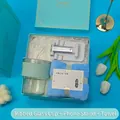 Premium gift set including a glass straw cup, folding phone stand, and soft towel - Ribbed Glass Cup + Phone Stand + Towel Set (LH-07) / Blue