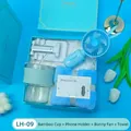 Luxury blue gift set featuring a bamboo glass cup, phone stand, rabbit fan, and soft towel - Ribbed Glass Cup + Phone Stand + Fan + Towel Set (LH-09) / Blue