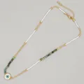 Boho evil eye necklace with white seed beads and turquoise stone accents in gold finish - Evil Eye Disc Style (MI-N220003E)