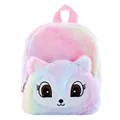 Vista detallada de mochila de peluche arcoíris con un bordado de animal muy lindo - Colores De Zorro
