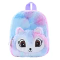 Vista detallada de la linda mochila de peluche con degradado y cara de animal infantil - Zorro Morado