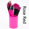 Professional 12-piece rose red makeup brush set stored in a matching cylinder container - Rose Red
