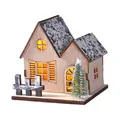 Wooden Christmas house ornament with LED warm glowing light and snowy tree - Style A