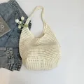 Sac fourre-tout au crochet blanc crème tissé à la main avec texture douce et grande capacité - Blanc Avec Pendentif