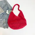 Grand sac cabas en crochet rouge vif avec motif ajouré tissé pour la mode estivale chic - Rouge (Sans Pendentif)