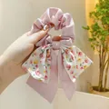 Elegant pink floral bow scrunchie with long ribbon tails for women's hair styling - Pink Floral Bow Style / Pink