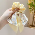 Elegant yellow floral print scrunchie hair tie with long bow ribbon streamers for women - Yellow Floral Bow Style / Yellow