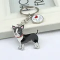 Detailed view of Boston Terrier enamel dog keychain with small circular I Love Dogs charm tag. - Black Chihuahua
