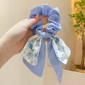 Elegant light blue floral bow scrunchie with long ribbon hair accessory for women - Sky Blue Floral Bow Style / Sky Blue