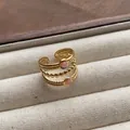 Vintage gold-finished open multi-layer ring featuring delicate pink gemstone accents - Four-layer Different Texture Pink Gemstone Style (JZ0376) / Adjustable Open Ring (2cm) / Pink