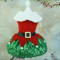Festive Christmas dog dress with red fleece top and green sequined skirt for small pets. - S / Green Clown Style