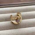 Vintage gold-tone multi-layered open ring featuring a round pale pink gemstone accent - Multi-layer Hollow Round Pink Gemstone Style (JZ0380) / Adjustable Open Ring (2cm) / Pink