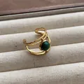 Detailed close-up view of a vintage gold open ring featuring a polished green gemstone - Three-layer Intertwined Hemispherical Green Gemstone Style (JZ0379) / Adjustable Open Ring (2cm) / Green