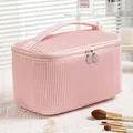 Elegant large capacity pink pleated PU leather cosmetic bag for travel and storage - Cylinder Style Cherry Blossom Pink
