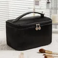 Large capacity black pleated PU leather makeup bag for portable travel storage use - Cylinder Style Classic Black