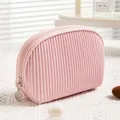 Soft pink pleated PU leather waterproof makeup bag for portable travel storage and organization - Half Round Cherry Blossom Pink