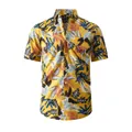 Men's yellow Hawaiian short-sleeved shirt with tropical leaf print and button-down collar - XS / Lemon Yellow