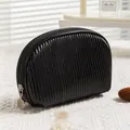 Portable black ribbed PU leather makeup bag for travel storage - Half Round Classic Black
