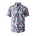 Men's vibrant tropical leaf print Hawaiian beach shirt in cool ice silk fabric. - XS / Violet