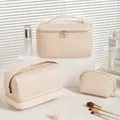 Cream toast style pleated PU makeup bag set in elegant beige finish for travel storage - Creamy White 3-Piece Set