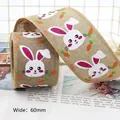 60mm wide Easter burlap ribbon with pink glitter bunny and carrot prints for crafts - Burlap Pink Rabbit & Carrot (No. 12)