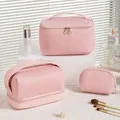 Stylish pink pleated PU leather makeup bag set with double layer design for travel use - Cherry Blossom Pink 3-Piece Set