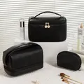 Three-piece black pleated PU makeup bag set for travel storage with gold hardware. - Classic Black 3-Piece Set