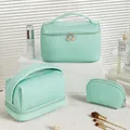 Mint green pleated PU waterproof portable travel cosmetic bag set for skincare storage - Light Blue 3-Piece Set
