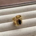 Vintage gold plated adjustable open ring featuring an oval black gemstone inlay - Scroll Relief Black Oval Gemstone Style (JZ0419) / Adjustable Open Ring (2cm) / Black