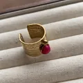 Retro style gold hammered texture open ring with vibrant pink round gemstone inlay - Hammered Finish Rose Pink Gemstone Style (JZ0369) / Adjustable Open Ring (2cm) / Red