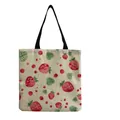 Detailed view of a linen tote bag featuring a sweet strawberry and leaf print pattern. - Hand-painted Red Strawberry Pattern (hm0640)