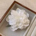 Gros plan détaillé d'une pince à cheveux en tissu pivoine de style antique dans un coffret - Blanc