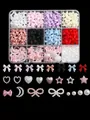 Detail showing a 12-grid storage box with various nail art bows hearts and pearls - Colorful Bow Artificial Pearl Decoration Set (ZB130-1)