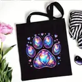 Black canvas tote bag with iridescent paw print and heart design for daily shopping - Laser Style Paw Heart Style (No. 15) / 35x40cm