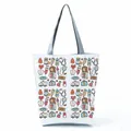 Detailed view of white canvas tote bag featuring cute cartoon nurse and medical icons print - White Cartoon Medical Theme Style (hl1546)