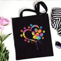 Black canvas tote bag with colorful tie-dye paw print heart design for daily use. - Multicolor Tie-dye Print Style (No. 9) / 35x40cm