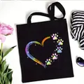 Black canvas tote bag with rainbow paw print heart design, 35x40cm size. - Rainbow Paw Heart Pattern Style (No. 11) / 35x40cm