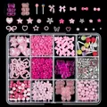 Pink and purple 12-grid nail art jewelry set featuring resin bears and pearl bows - Pink Purple Cartoon Decor Style (ZB132-4)