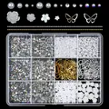 12-grid nail art decoration set featuring pearls, resin flowers, and metal butterflies - Hollow Metal Patch Mix Style (ZB132-5)