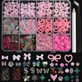 12-grid nail art decoration set with pink bows and mixed charms in storage box - Decor Set with Crayon Tweezers (ZCF160-2)