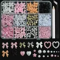 12-grid nail art decoration set with colorful bows, pearls, and floral accessories - Basic Decor Set with Tools (ZCF160-1)