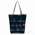 Creative nurse heartbeat print tote bag for women featuring red heart and EKG line patterns - Deep Blue ECG Heart Style (hl2323)