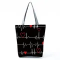 Black canvas tote bag with nurse heartbeat and red heart pattern print for women - Black ECG Heart Style (hl2323-1)