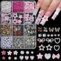 12-grid mixed nail art charms set including pearls, flowers, and butterfly decorations - Gold Silver Hollow Butterfly (ZB204)