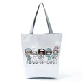 Minimalist white tote bag featuring diverse cartoon nurse prints with durable grey handles - White Chibi Healthcare Personnel Figure Style (hl4533)