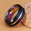 Macro detail view of a black stainless steel ring featuring a vibrant rainbow inner band - 8mm Colorful Beveled Edge