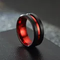 Close-up of black stainless steel ring with vibrant red interior and groove detail. - 8mm Wine Red Beveled Edge