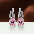 Elegant oval cut pink gemstone silver drop earrings for women with pavé crystal accents - Platinum Plated Pink Zirconia